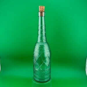 LIGHT GREEN GLASS BOTTLE WITH CORK, MADE IN CANADA,, DECORATIVE